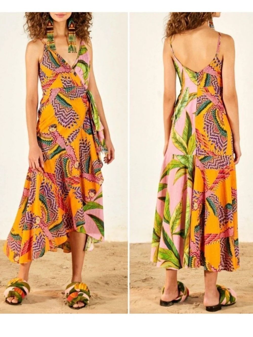 NWT FARM RIO Beaded Macaws Pink Foliage Mixed Prints Midi Dress XL